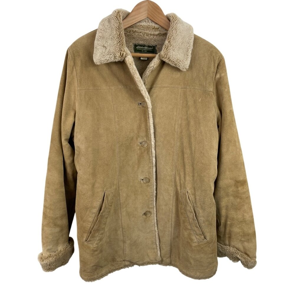 Eddie Bauer Womens Size MED Beige Tan Suede Leather Faux Fur Lined Coat Jacket